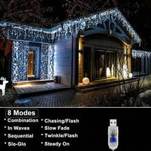 1pc 96 LED Lights/3.5m/11.48ft Icicle Lights - USB Powered, 8 Lighting Modes, Suitable For Indoor And Outdoor Use, Walls, Gardens, Parties And Outdoor Lighting, Creating Festive Atmosphere. Plastic Light Body, Outdoor Christmas Decoration - Multicolor - View 8