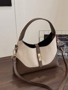 Bolso tipo dumpling con diseño de bloques de color, bolso versátil de hombro y bandolera portátil para ir y venir, bolso de mano, adecuado para el uso diario y citas casuales - Marrón - Ver 3