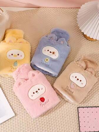 1pc Cute Plush Hot Water Bottle, Cartoon Embroidered Hand Warmer, Thick Insulated Hot Water Bag, Heating Pad, Hand Warmer, Available In Small & Large Sizes