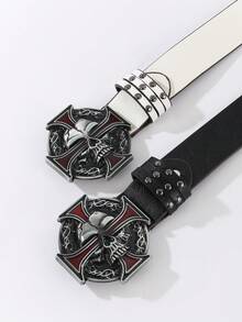 1 chiếc thắt lưng nam phong cách punk rock cổ điển, thắt lưng cá nhân hóa với đinh tán đen, thiết kế hình chữ thập và đầu lâu, thời trang. - skull Cross - Xem 2