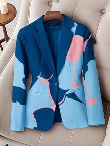 HOMEYEE Long Sleeve Printed Blazer Top, Vintage Elegant Casual Resort Business Work Wear, Suitable For Spring Summer Autumn Winter - Blue - View 6