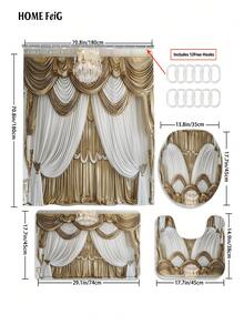 4pcs Gold White Luxury Shower Bathroom Set, Opulent Chandelier & Drape Waterproof And Wear-Resistant Bathroom Decor And Accessories,With 12 Hooks - Includes Toilet Seat Cover, Bath Mats, And Rugs Polyester Fabric - Washable - Perfect For Holiday Decor,Gift,Home/Bedroom/House/Western Decoration - 金色 - 查看 2