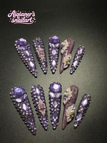 Each Set Consists Of 10 Pieces Of Handmade Y2K Fine High-Heeled Acrylic Nail Plates, Designed In French Style With Full Diamond And Petal Decorations, Available In Purple And Nude Colors. 3 Sizes To Fit, Suitable For Parties, Dances, And Daily Wear, Comes With A Nail Kit, Making It An Ideal Press On Nails Gift For Ladies And Girls. Nail Supplies - Multicolor - View 1