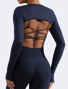Women Crop Top Long Sleeve Bolero Open Front Workout Cropped Shirts Sports Shrug - Hải quân - Xem 5