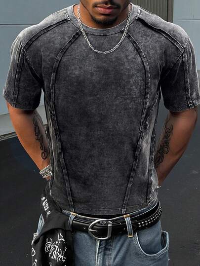 Men's Spring/Summer Vintage Washed Water-Damaged Antique Finish T-Shirt - High Street 3D Stitched Dark Style Round Neck Shirt - Suitable For Daily Casual Street Style