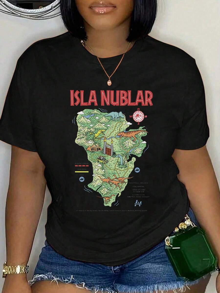 100% Cotton Isla Nublar Map Dinosaur Island Adventure T-Shirt Round Neck Short Sleeve Streetwear Breathable Homme Soft Unisex Fashion Shirts - 黑色 - 查看 1