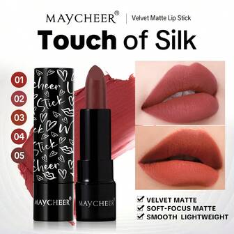 MAYCHEER Toque de Seda Terciopelo Mate Lápiz Labial, Suave Ligero de Enfoque Suave, 5 Tonos para Looks de Labios Avanzados