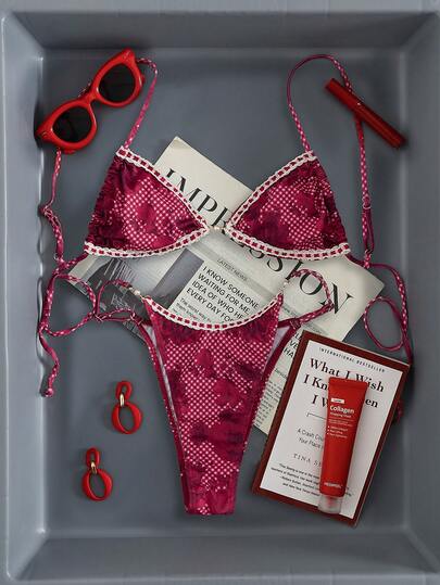 Women's Sexy Bohemian Style Bikini Set - Allover Floral Print With Contrast Trim, Digital Printing, Tie-Back Design, Pearl Decor, Elegant & Cute For Beach Vacation, Date Night, Valentine's Day