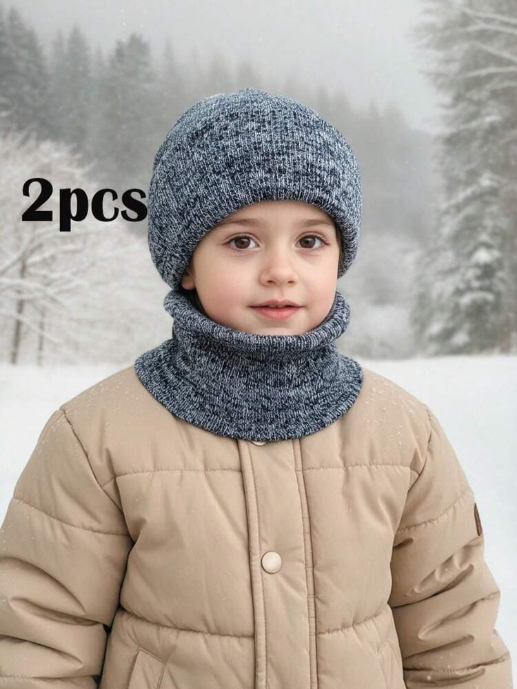 2pcs/Set Kids Knitted Hat + Scarf Two Pieces Set, Warm Autumn/Winter Outfit, Unisex Children Knit Cap And Neck Warmer Set, Solid Color Cold Weather Protective Accessory - 2PCS - View 7