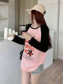 Vintage Color Block Long Sleeve T-Shirt For Women, Thin Loose Niche Raglan Sleeve Top, Autumn - Pink - View 5