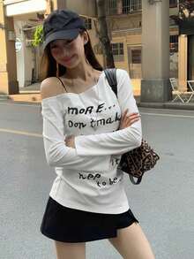Unique Asymmetrical White Shoulder Strap Casual Long Sleeve T-Shirt, Early Autumn New Style For Fashionable Women - White - View 1