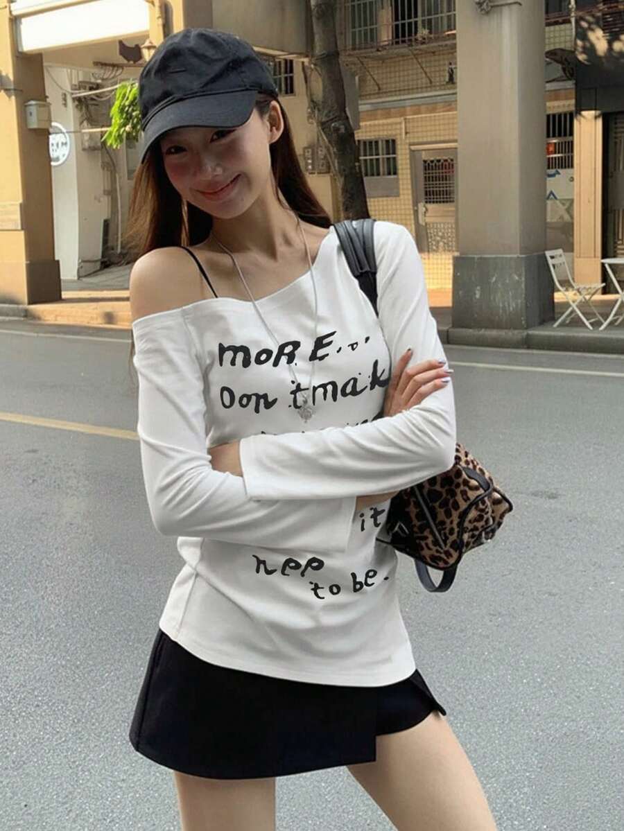 Unique Asymmetrical White Shoulder Strap Casual Long Sleeve T-Shirt, Early Autumn New Style For Fashionable Women - White - View 1