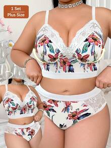 Plus Size Women Floral Print Wireless Soft & Comfortable Bra & Panty Set - White - View 3