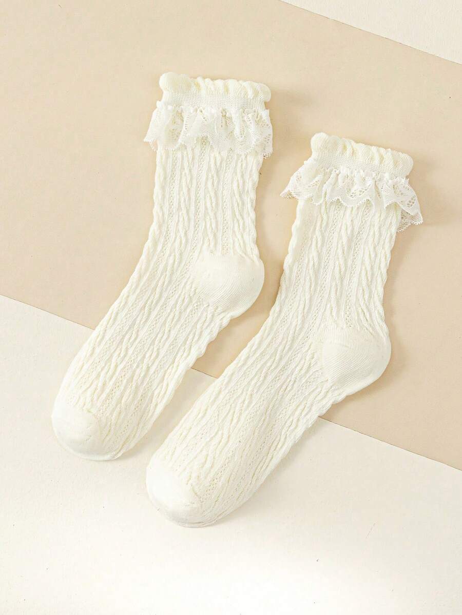 1 Pair Women's Beige Mesh Lace Trim Socks, Cute & Fashionable Crew Socks For All Seasons - Multicolor - View 1