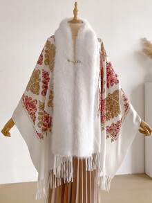 一件优雅宫廷刺绣图案围巾毛领披肩，波西米亚风格设计，保暖装饰刺绣围巾毛领披肩斗篷，附赠一枚珍珠胸针，时尚保暖配饰，女士完美礼物，适合日常佩戴，秋冬季节适用。 - 白色 - 查看 3