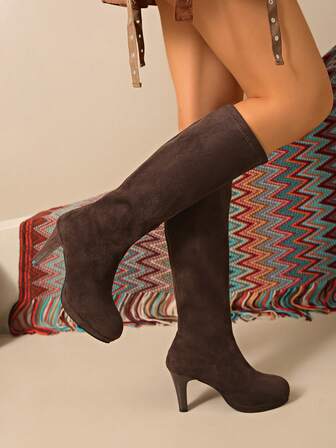 女士坡跟过膝长靴，绒面革波西米亚风冬季长靴，超高跟长靴，波西米亚风毛绒内衬过膝长靴，新款复古长靴，粗跟圆头百搭踝靴，厚底