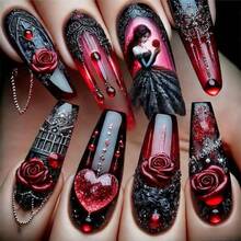 Dark Gothic Rose Wearing Nail Lover False Nail Art 24 Pieces Love Wine Red Nail Art Nail Art - A - 查看 2