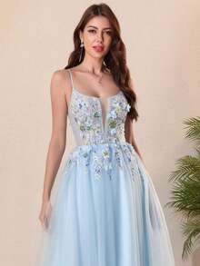 Elegant Women's Light Blue Lace Prom Dress Sleeveless Deep V Neck With Floral Appliques And Lace Embroidery Evening Dresses - Baby Blue - View 3