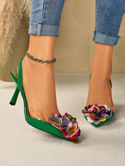 SVRM Women's Pointed Toe Satin Transparent Jelly Sequin Floral Decor Elastic Back Strap Dress Pumps, Elegant Sexy Formal Party Office Shoes