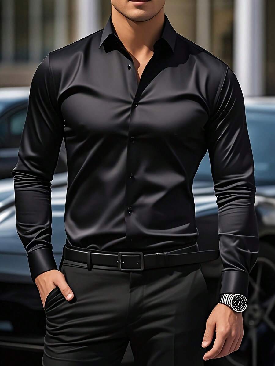 Men's Three-Piece Set, Solid Color Long-Sleeved Business Shirt, Formal And Professional Work Shirt, Suitable For Office Work And Business Travel, Office Wear, Business Attire, Corporate Men, Professionals On The Job, High-Quality Material - 淺藍色 - 查看 1