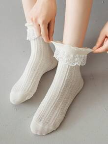 1 双/2 双/3 双/4 双/5 双女士蕾丝边网眼中筒袜，可爱时尚，适合所有季节，秋季袜子 - 米色 - 查看 3