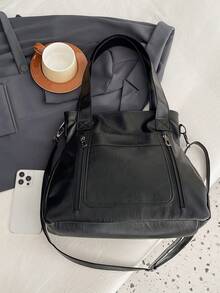 1 pieza Bolso vintage de gran capacidad, Bolso de hombro y mensajero vintage de PU, Bolso de mano casual y billetera para mujer - Negro - Ver 8