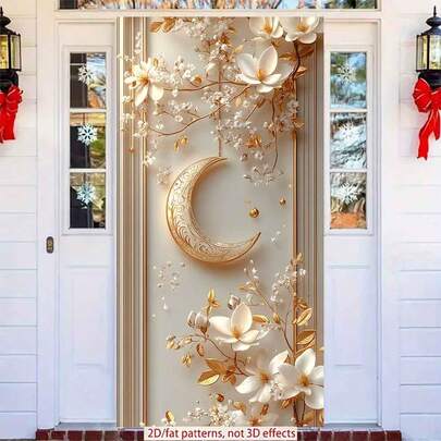 2D Flat Polyester Ramadan Door Banner 1pc Exquisite Wall - Art With Golden Crescent Moon And Delicate White Flowers Eid Al-Fitr Photo Props And Supplies, Suitable For Muslim Ramadan And Eid Al-Adha Celebrations, Islamic-Themed Holiday Decorations