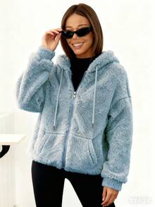 Veste d'hiver polaire chaude à capuche pour femme, unie et décontractée, manches longues et épaules tombantes. Parfaite pour la maison et les loisirs, polyvalente et facile à porter. - Bleu azur - Voir 4