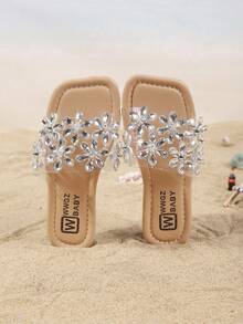 Girls' Crystal Rhinestone Slippers, Korean Princess Style Flower Strap , Fashionable Transparent Beach Sandals, Summer New Arrival - Clear - View 7
