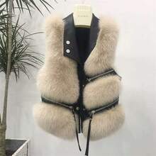 Short Faux Fox Fur Vest For Women Fashion Women Vest - 卡其+黑皮 - 查看 12