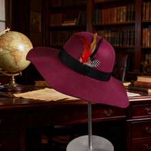 Women's Feather Floppy Hats Elegant Classic Wide Brim Bowler Caps For Outdoor Vacation - Burgundy - View 2