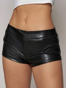 Women's PU Leather Stylish Black High-Waisted Pleated Shorts, High-Elasticity Shorts, Suitable For Nightclub Summer Wear. - Black - View 1