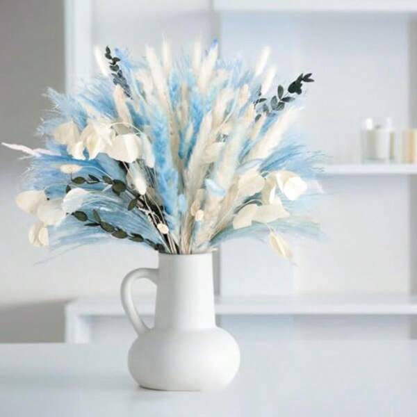 101Pcs Blue Pampas Grass Decor Natural Dried Floral Pampas Grass Light Blue Boho Pampas Home Decor Fluffy Dried Pampas Flowers For Home Wedding Boho Beach Theme Table Decor