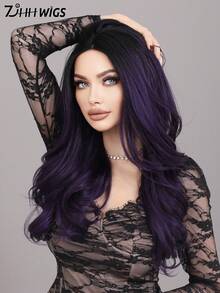 7JHH WIGS 22吋長波浪紫色合成纖維蕾絲前頂假髮,女款自然髮線、耐熱纖維、自由分線、免膠蕾絲前頂假髮,適合日常、派對、萬聖節 - 紫羅蘭色 - 查看 2