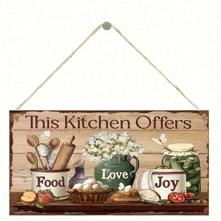 Letrero de Decoración de Pared de Cocina de Madera Rústica - "Esta Cocina Ofrece Comida Amor Alegría" Placa Colgante con Ilustración de Cocina y Flores - Naranja rojizo - Ver 1