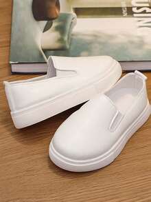 Kids' Slip-On White Shoes, Minimalist Solid Color PU Casual Sneakers, Comfortable Soft Sole For School & Daily Wear - White - View 1