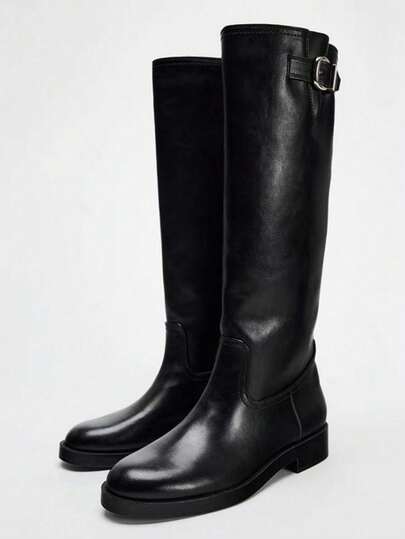 New Autumn/Winter Round Toe Chunky Heel Ankle Boots, British Style Buckle Decor Riding Boots, Flat Non-Over Knee Long Boots