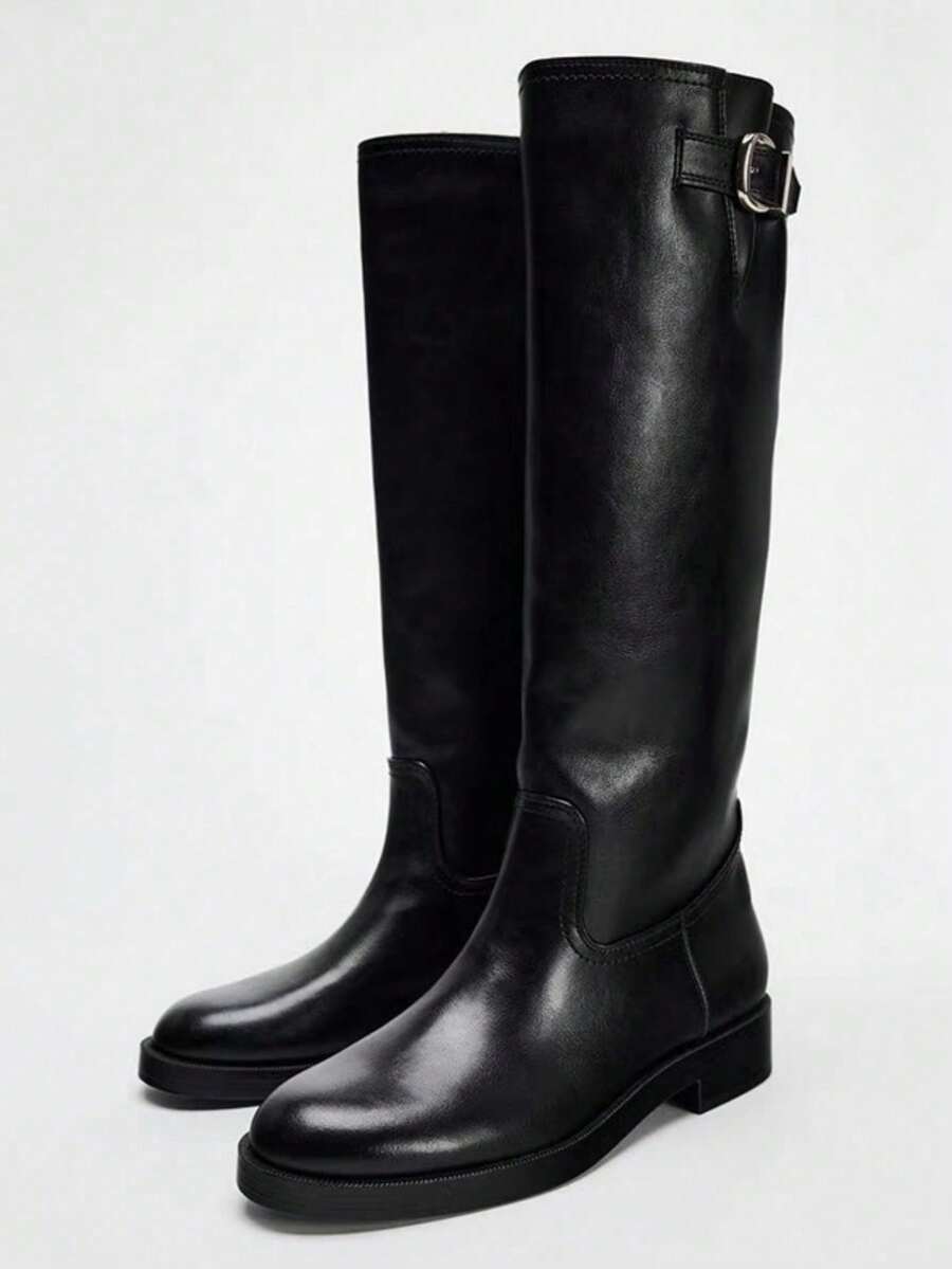 New Autumn/Winter Round Toe Chunky Heel Ankle Boots, British Style Buckle Decor Riding Boots, Flat Non-Over Knee Long Boots - Black - View 1