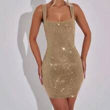Sexy Sequin Rhinestone Strap Short Dress Elegant Waist-Hugging Bodycon Dress High-End Feel - 銀色 - 查看 4