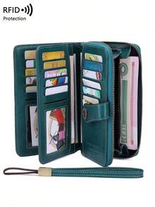 Secure RFID Blocking Large Capacity Three Fold Multi-Card PU Solid Color Zipper Buckle Wallet Multi-Functional Europe And The United States New Retro Women's With Wrist Strap Valentine's Day Gift For Wife And Girlfriend For Women Wallet Purse Wallet Long Wallet - 彩色 - 查看 10