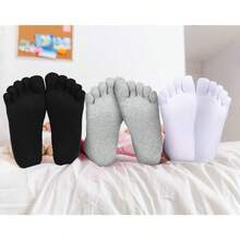 4 Pair Women Toe Socks Striped Cotton Crew Socks With Toes Separated Women Men Athletic Running - Black, White, Grey, Khaki - View 7