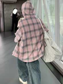 Plaid Shirt With Hood, Retro Color Block Long Sleeve Shirt Hoodie - Pink - View 4
