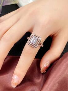 1 szt. Elegancki pierścionek z cyrkonii sześciennej dla kobiet na prezent walentynkowy, biżuteria z obrączką zaręczynową - Różowe złoto - Zobacz 7