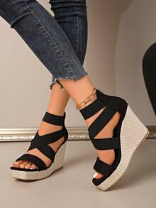 Women's Crisscross-Strap Wedge Sandals, Elegant Platform Espadrille High Heels, Summer Beach Vacation Shoes - 黑色 - 查看 1