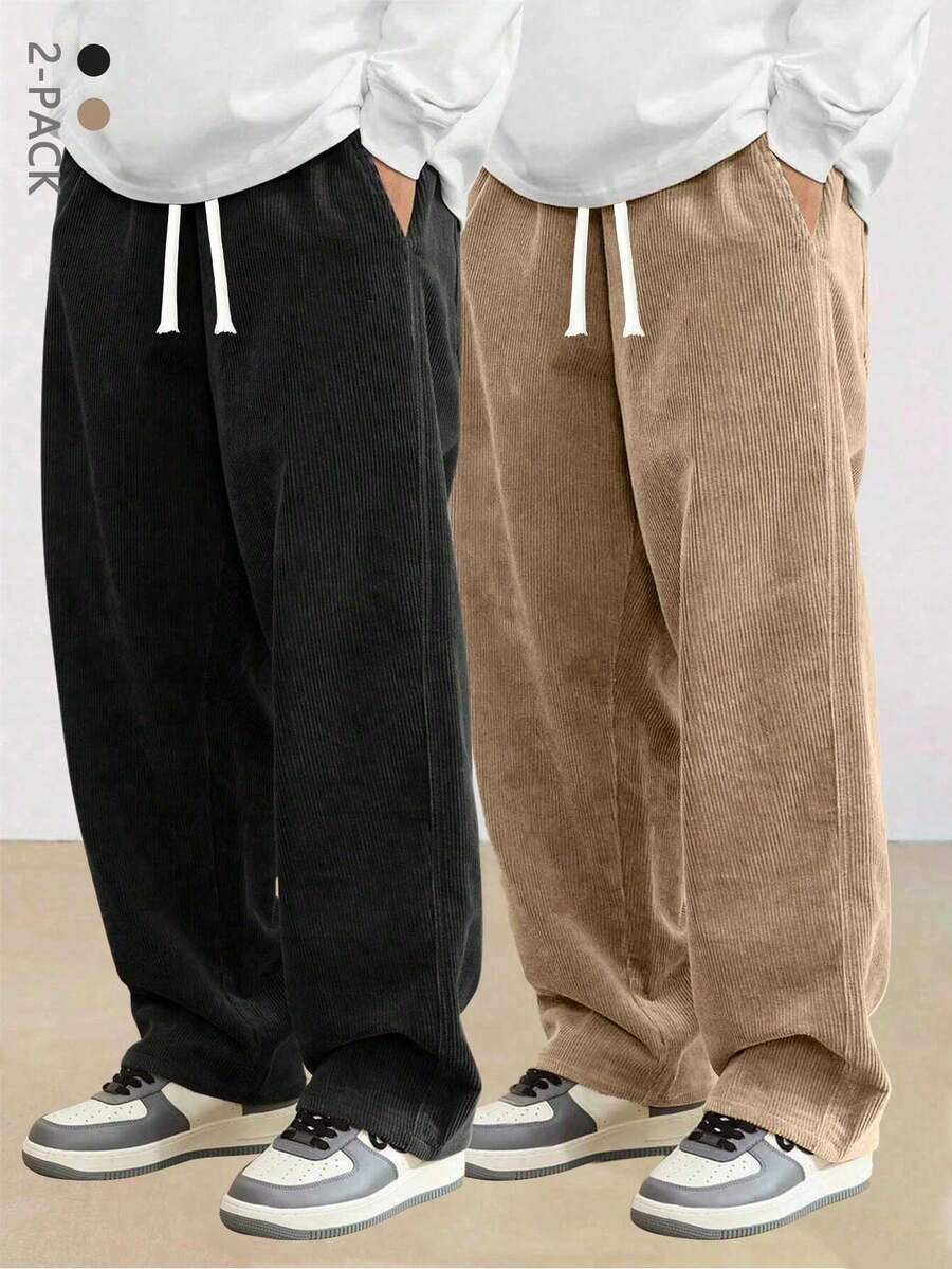 两件装加大码男士灯芯绒直筒裤，休闲纯色长裤，适合春秋季穿着。 - 彩色 - 查看 1