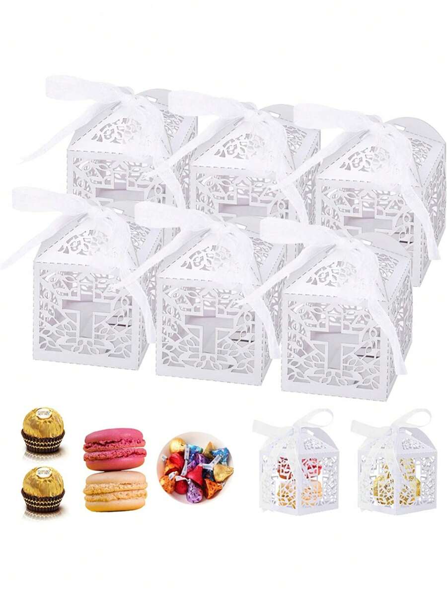 5 hộp quà kẹo bằng giấy trắng, trang trí ruy băng ren satin, thích hợp cho trang trí đám cưới, quà sinh nhật, trang trí ngày lễ, tiệc mừng em bé, bày biện bàn tiệc Giáng sinh, đồ trang trí Giáng sinh màu trắng.