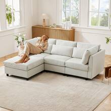 Modern Design, Upholstered Furniture, Sofa, Three-Seater Sofa, Living Room Sofa, Corner Sofa With Footstool, L-Shaped Corner Sofa, Video Available - 米色 - 查看 1