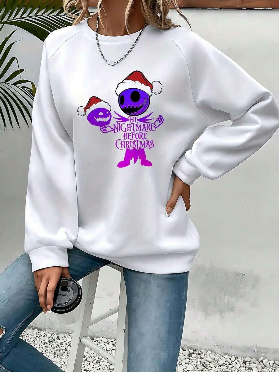 Nightmare Before Christmas Women's Sweatshirt - Tim Inspired & Sally Graphic, Cozy Fall Winter Pullover For Halloween & Christmas, Casual Long Sleeve Crewneck Sweater (Machine Washable), Playful Cartoon Design With Santa Hat, Soft Round Neck Pullover For Working, Shopping & Exercising At Home - 白色 - 查看 1