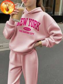 一件少女休闲印花套头卫衣，保暖内衬，适合上学、休闲、秋冬季穿着。 - 粉色 - 查看 9