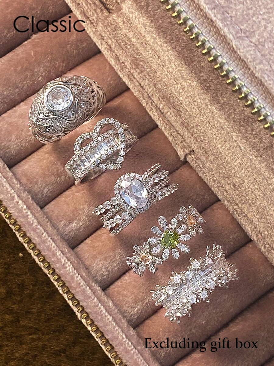Bộ 5 nhẫn hở có thể điều chỉnh bằng đá Cubic Zirconia thời trang sang trọng, thích hợp cho trang phục hàng ngày, tiệc tùng, đám cưới, cô dâu